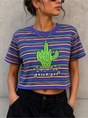 aLAB | 🌵 Striped Cactus Graphic Crop Tee | “Frick Off” Streetwear T-Shirt
